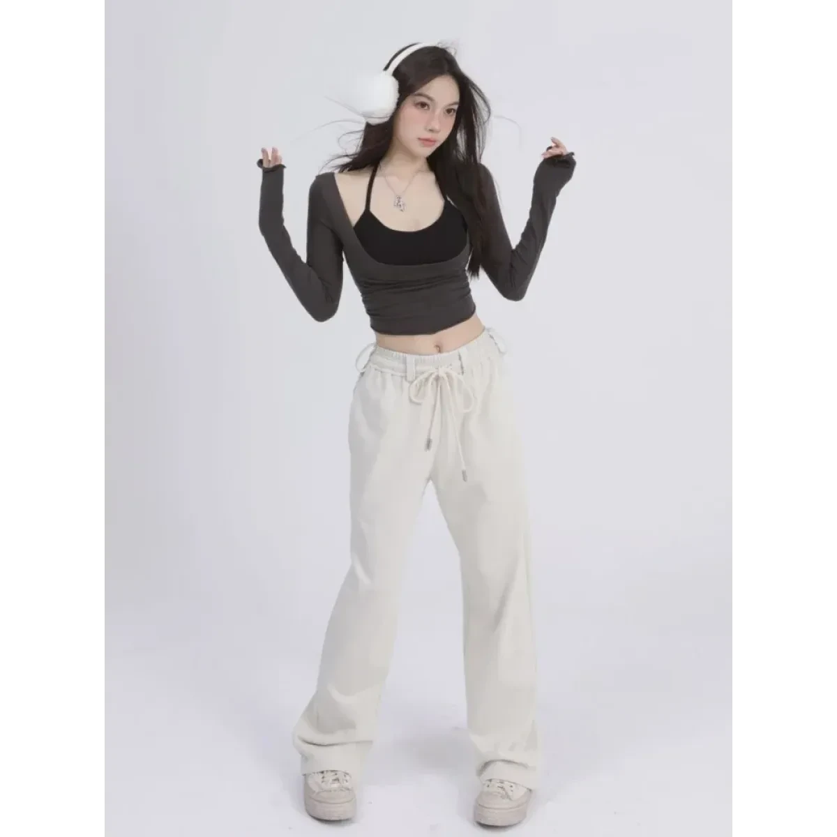 Aesthetic Halter Two-Piece Set - Harajuku Long Sleeve Tee - Image 5