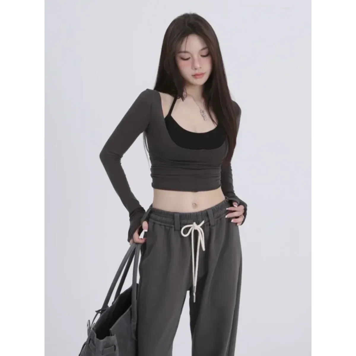 Aesthetic Halter Two-Piece Set - Harajuku Long Sleeve Tee - Image 6