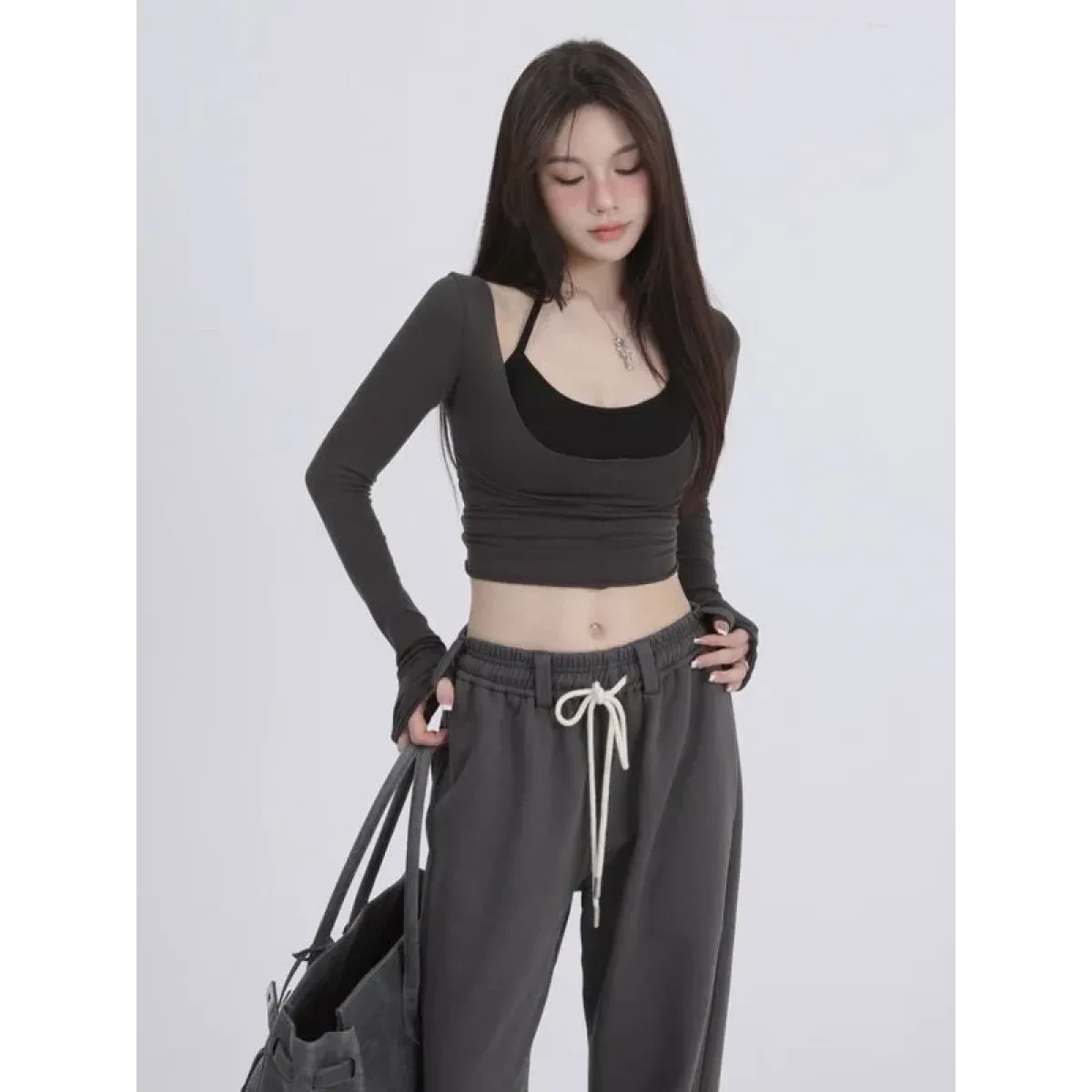 Aesthetic Halter Two-Piece Set - Harajuku Long Sleeve Tee - Image 11