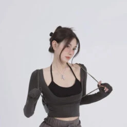 Aesthetic Halter Two-Piece Set - Harajuku Long Sleeve Tee