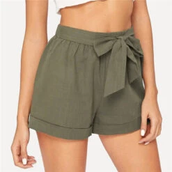 Women's Elastic Waist Belted Army Green Shorts