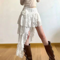 White Asymmetrical Lace Skirt – Fairycore Boho Irregular Skirt