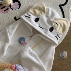Beige Cutecore Cat FleeceHoodie With Zipper
