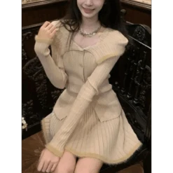 Beige Knit Two-Piece Set – Collared Cardigan & Pleated Skirt