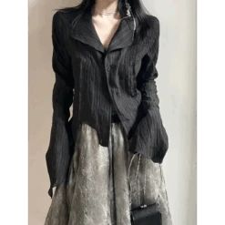 Black Pleated Gothic Harajuku Blouse – Button-Up Long Sleeve
