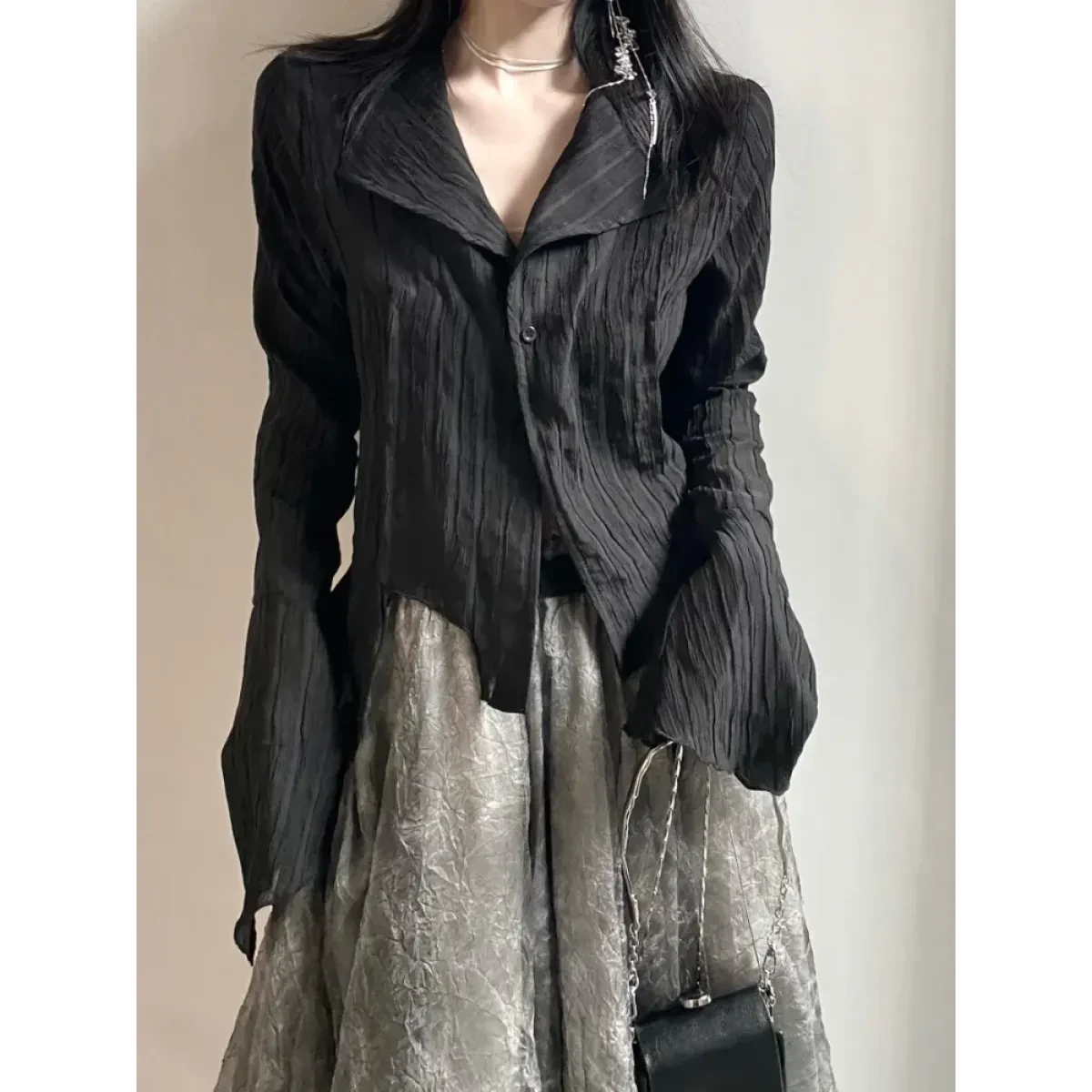 Black Pleated Gothic Harajuku Blouse – Button-Up Long Sleeve - Image 7