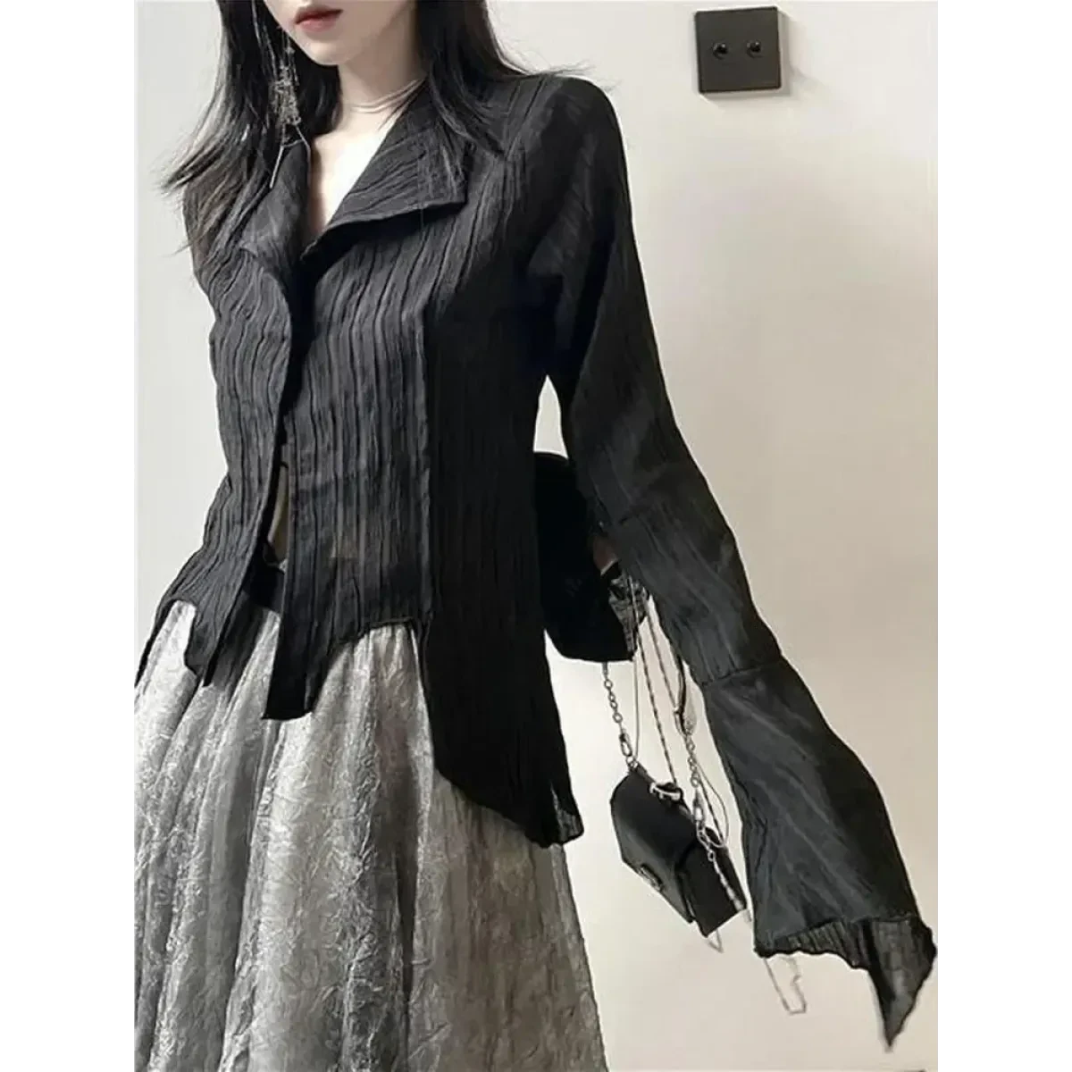 Black Pleated Gothic Harajuku Blouse – Button-Up Long Sleeve - Image 3
