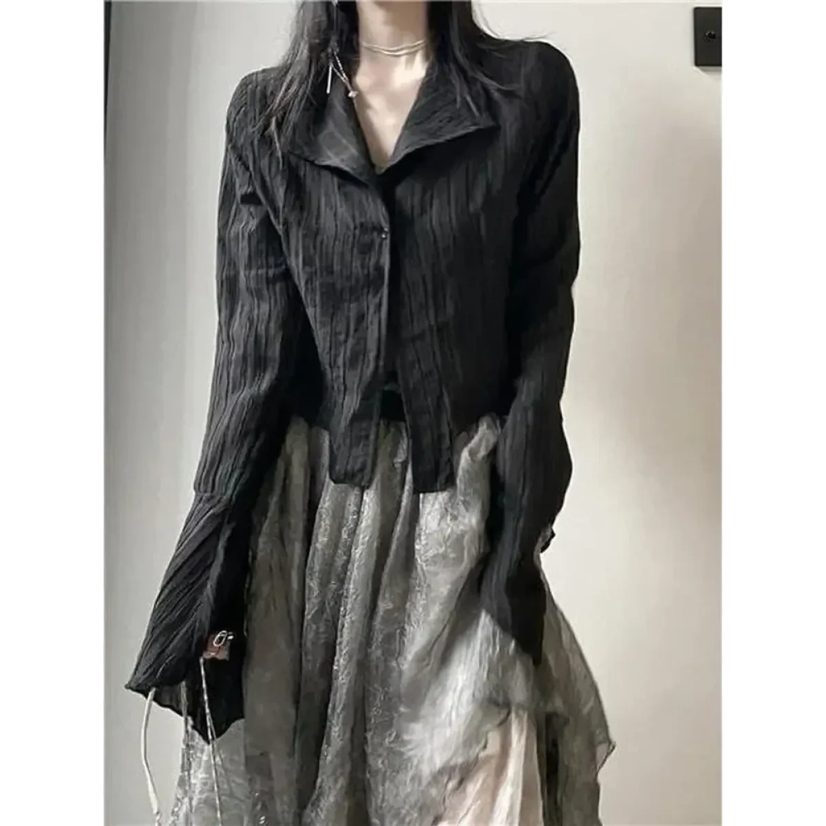 Black Pleated Gothic Harajuku Blouse – Button-Up Long Sleeve - Image 2