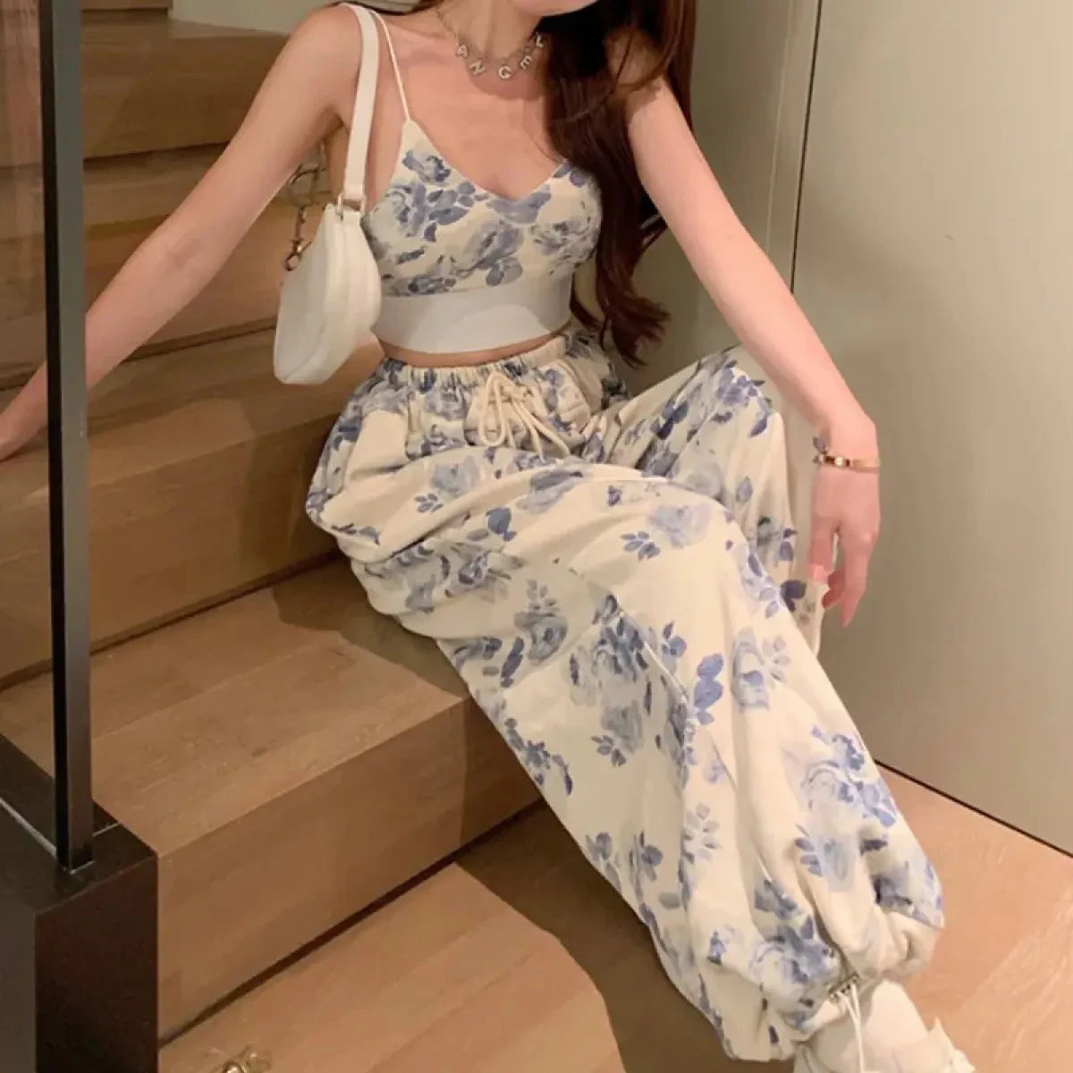 Blue Floral Two-Piece Set – V-Neck Camisole & Drawstring Pants - Image 3