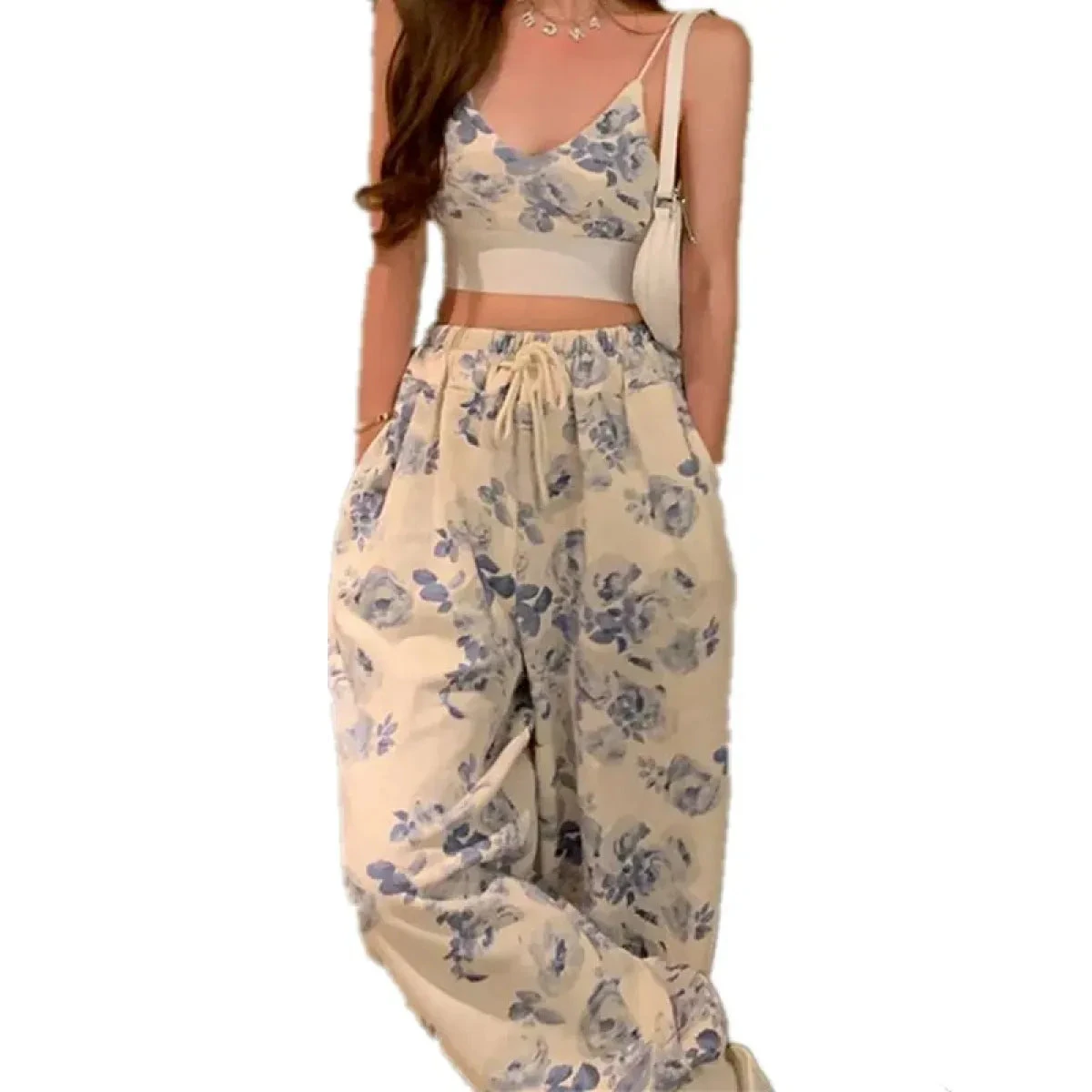 Blue Floral Two-Piece Set – V-Neck Camisole & Drawstring Pants - Image 5