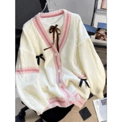 Bow Knit Cardigan – Y2K Aesthetic Contrast Trim Sweater