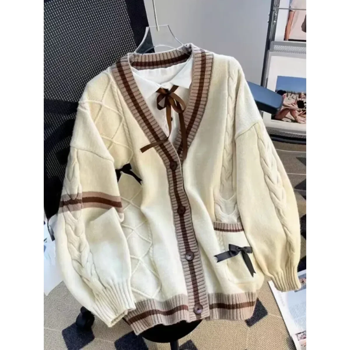 Bow Knit Cardigan – Y2K Aesthetic Contrast Trim Sweater - Image 3