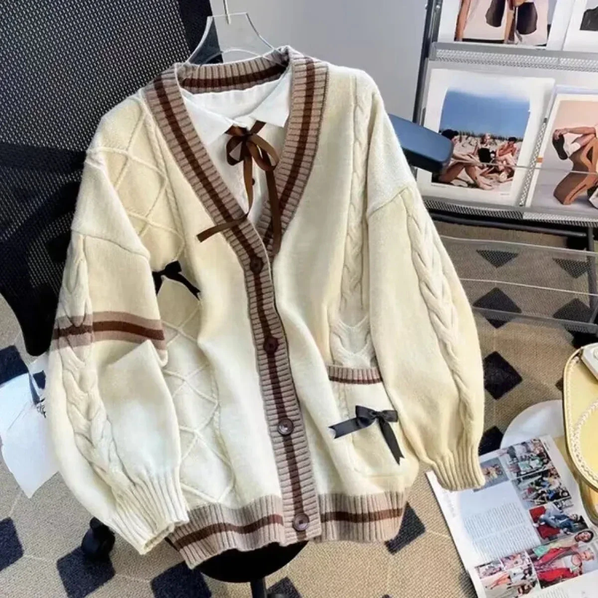 Bow Knit Cardigan – Y2K Aesthetic Contrast Trim Sweater - Image 6