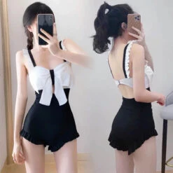 Bow Patchwork Swimsuit – Korean Ruffle One Piece Shorts