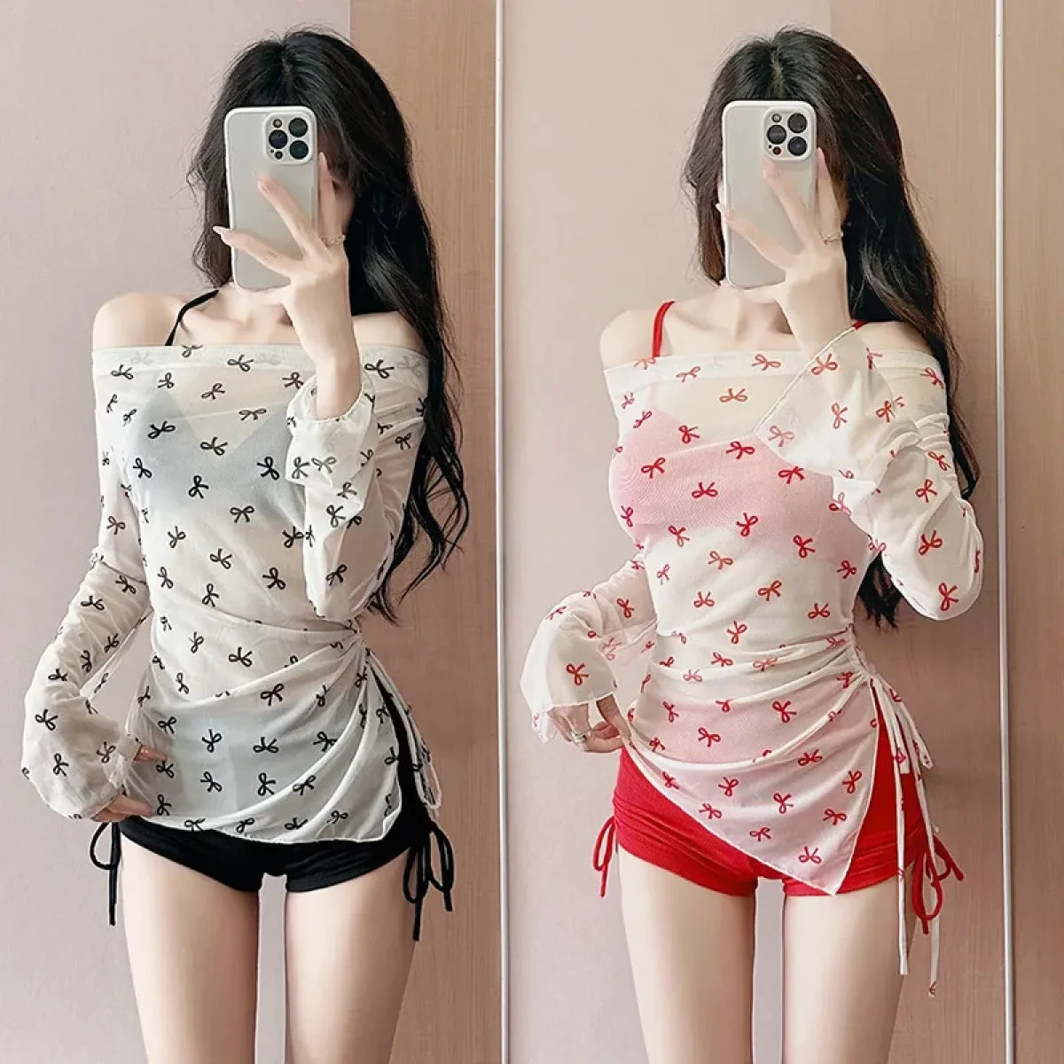 Bow Print Bikini Set – Korean 3pcs Mesh Cover With Drawstring Shorts - Image 2