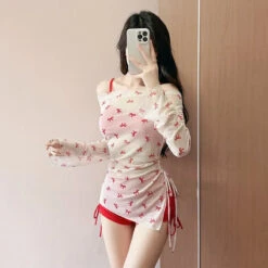 Bow Print Bikini Set – Korean 3pcs Mesh Cover With Drawstring Shorts