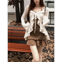 Retro Slim Camisole Dress & Ruffle Knit Cardigan