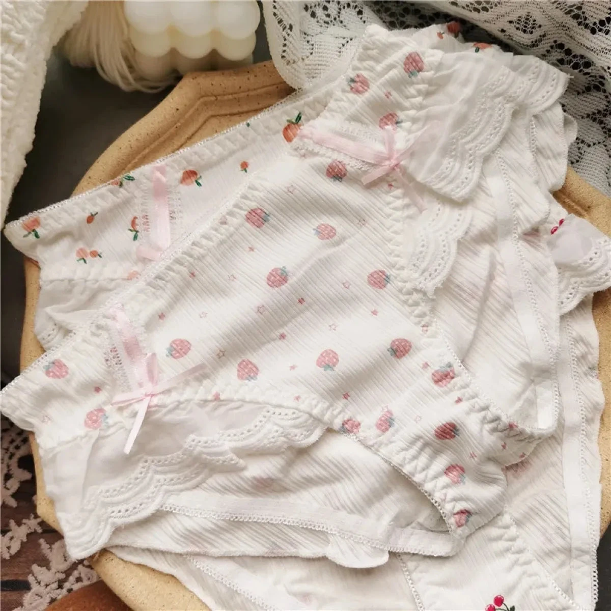 Cotton Lace Low Waist Panties With Fruit Print & Bows – Kawaii Lingerie - Image 8
