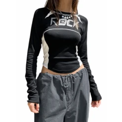 Crew Neck Letter Print Top - Long Sleeve Casual Streetwear T-Shirt