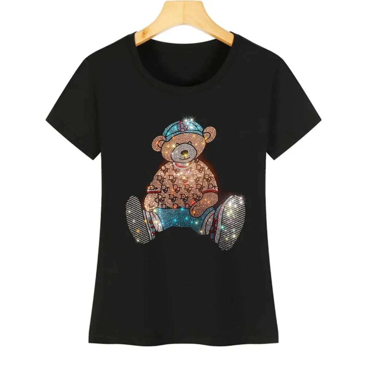 Cute Bear Cotton T-Shirt - Rhinestone Cartoon Top For Women - Image 7