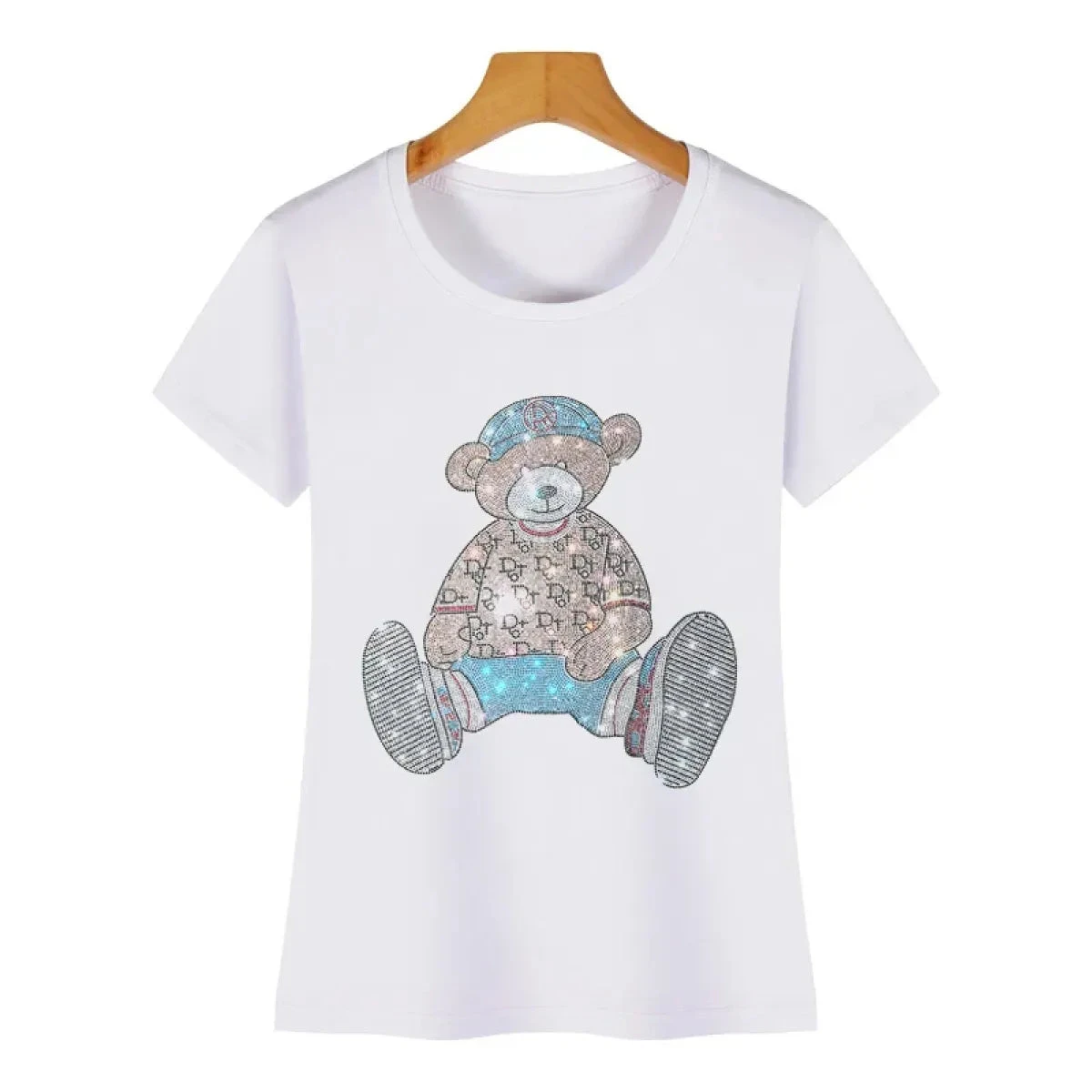Cute Bear Cotton T-Shirt - Rhinestone Cartoon Top For Women - Image 8