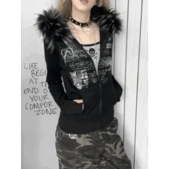 Black Gothic Grunge Fur Hooded Jacket