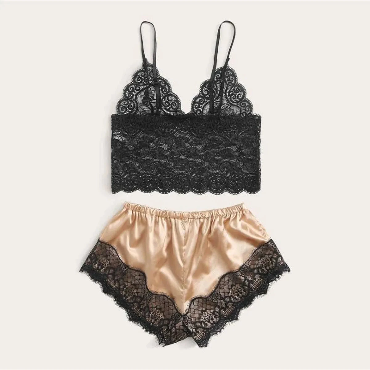 Floral Lace Bralette With Satin Shorts Set For Women - Image 2