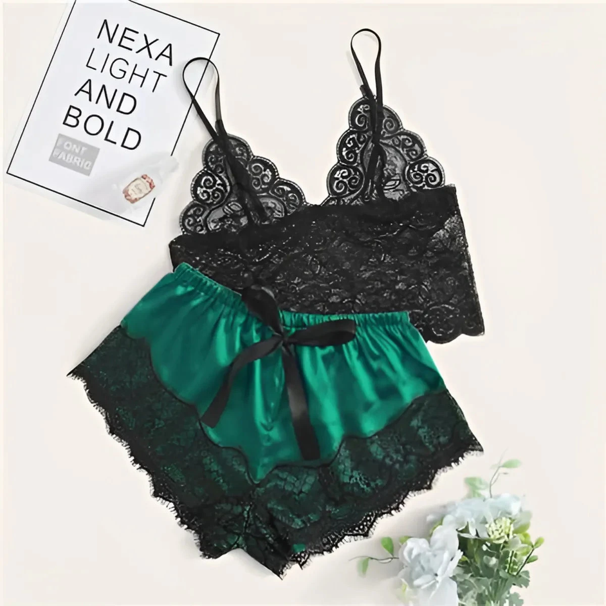 Floral Lace Bralette With Satin Shorts Set For Women - Image 6