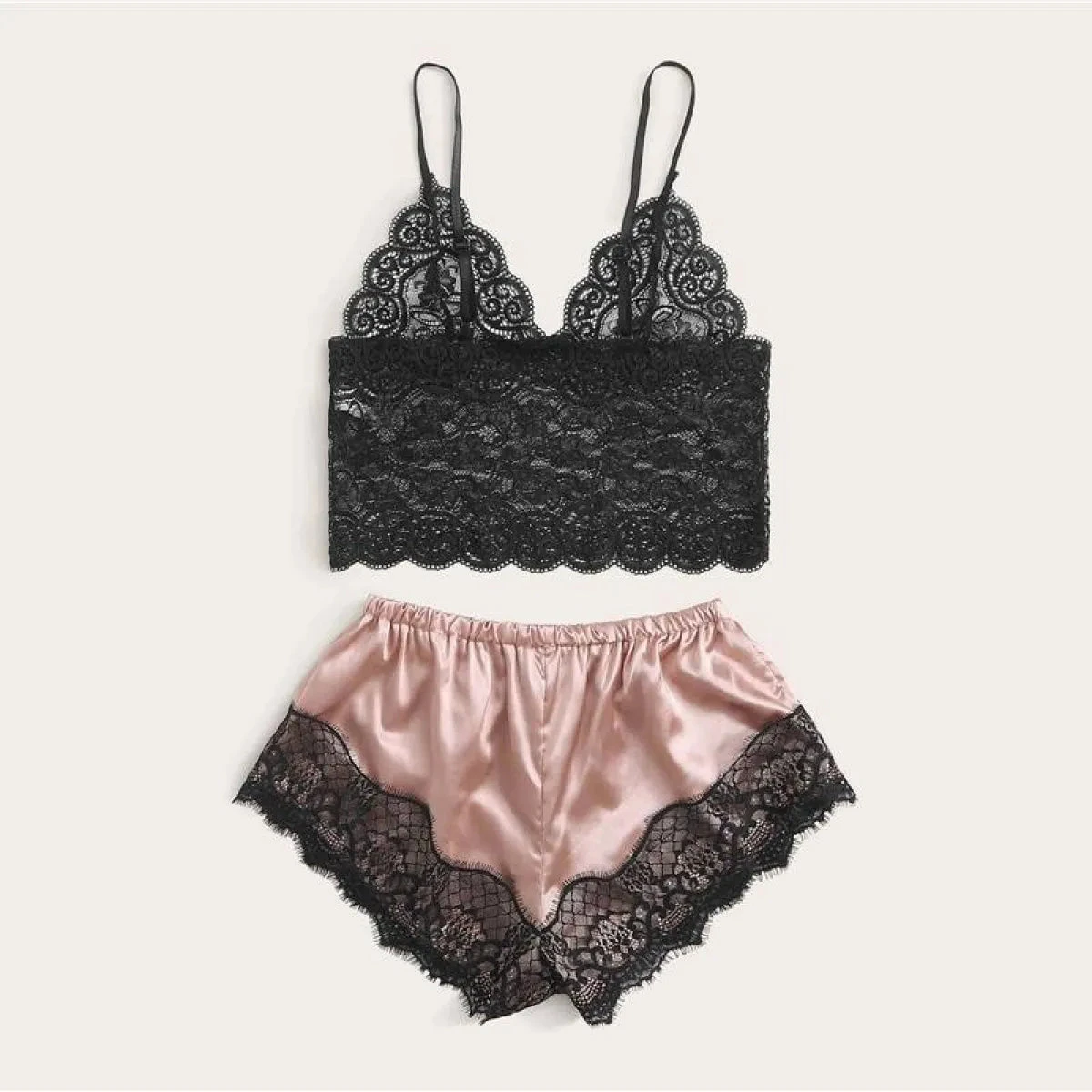 Floral Lace Bralette With Satin Shorts Set For Women - Image 4