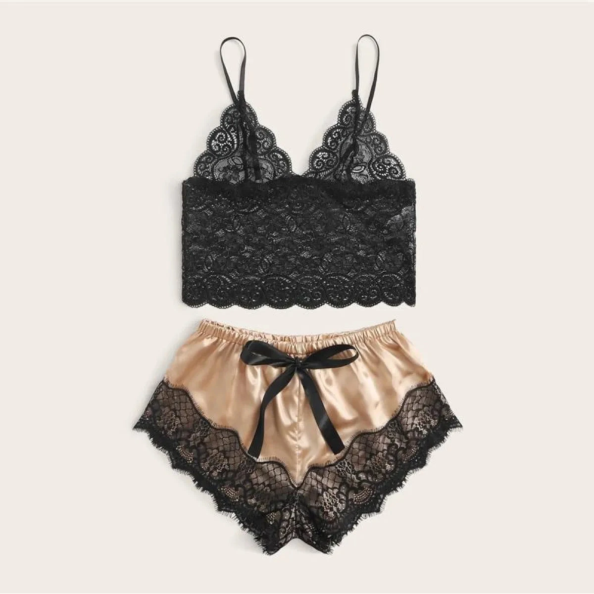 Floral Lace Bralette With Satin Shorts Set For Women - Image 3