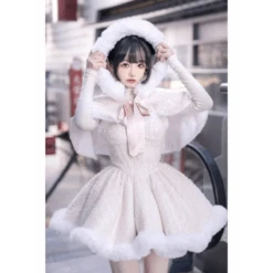 Fur Trim Lolita Dress Set – Kawaii Winter Hooded Cape Outfit