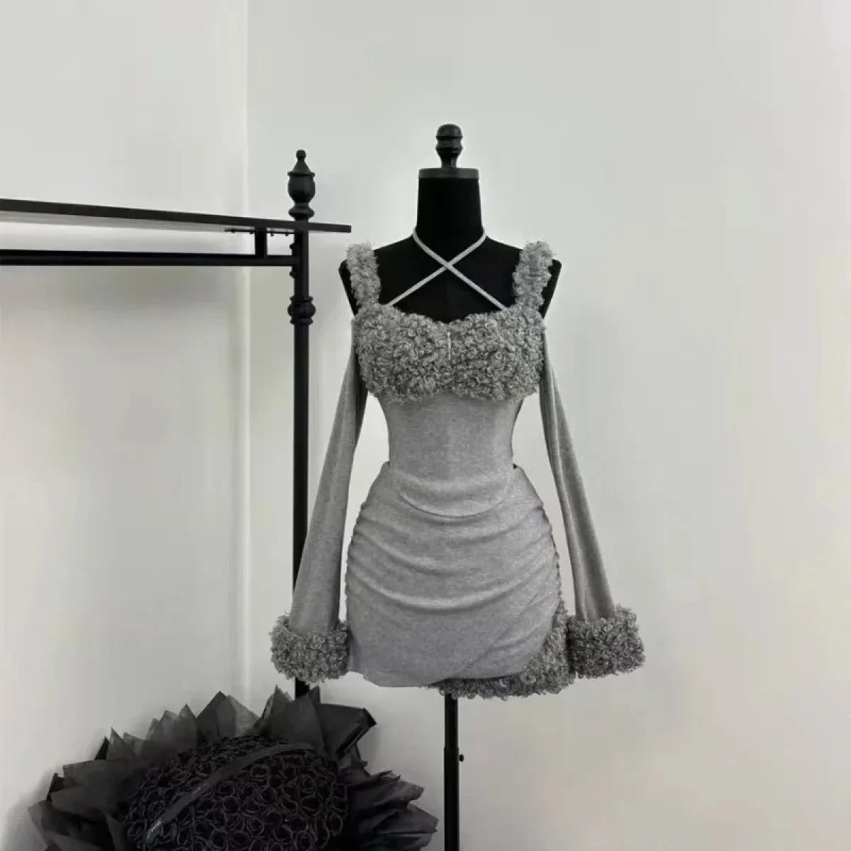 Furry Patchwork Halter Top & Ruched Skirt – Y2K Grunge - Image 2