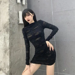 Ripped Gothic Black Mini Dress