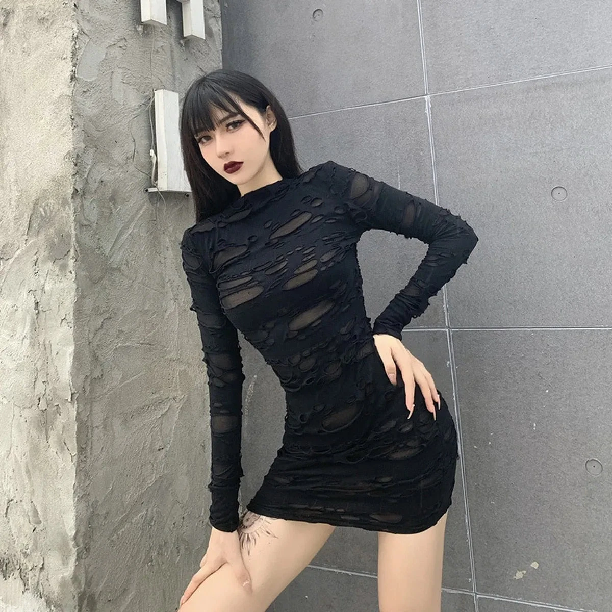 Ripped Gothic Black Mini Dress