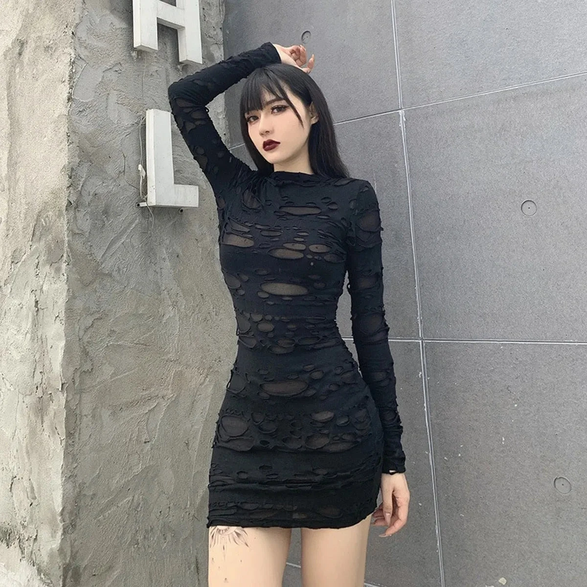 Ripped Gothic Black Mini Dress - Image 2