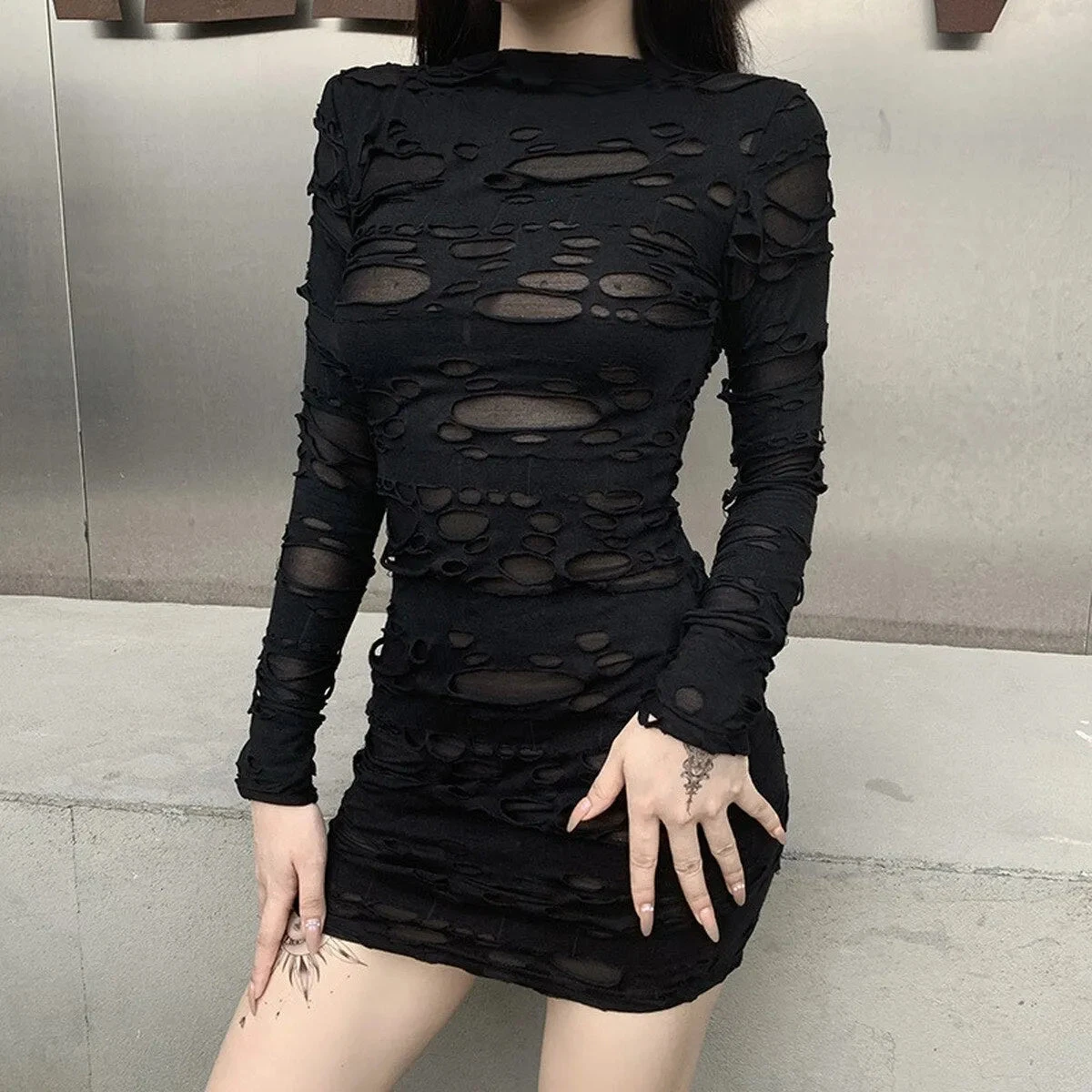 Ripped Gothic Black Mini Dress - Image 3