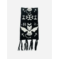 Black & White Y2K Harajuku Scarf – Gothic Cat Print With Tassels