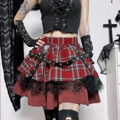 Gothic Plaid Punk Skirt – Harajuku Lace Layered Mini Skirt Cosplay