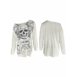 Skull Print Long Sleeve T-Shirt – Grunge Y2K Punk Pullover Top