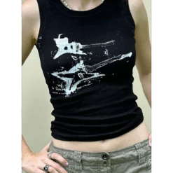 Guitar Print Tank Top - Ribbed Grunge Crop Top