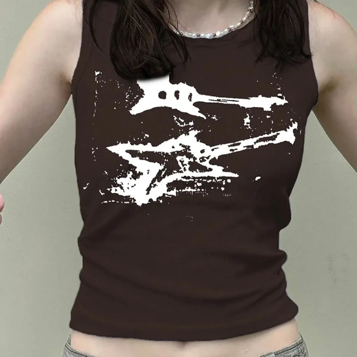 Guitar Print Tank Top - Ribbed Grunge Crop Top - Image 12