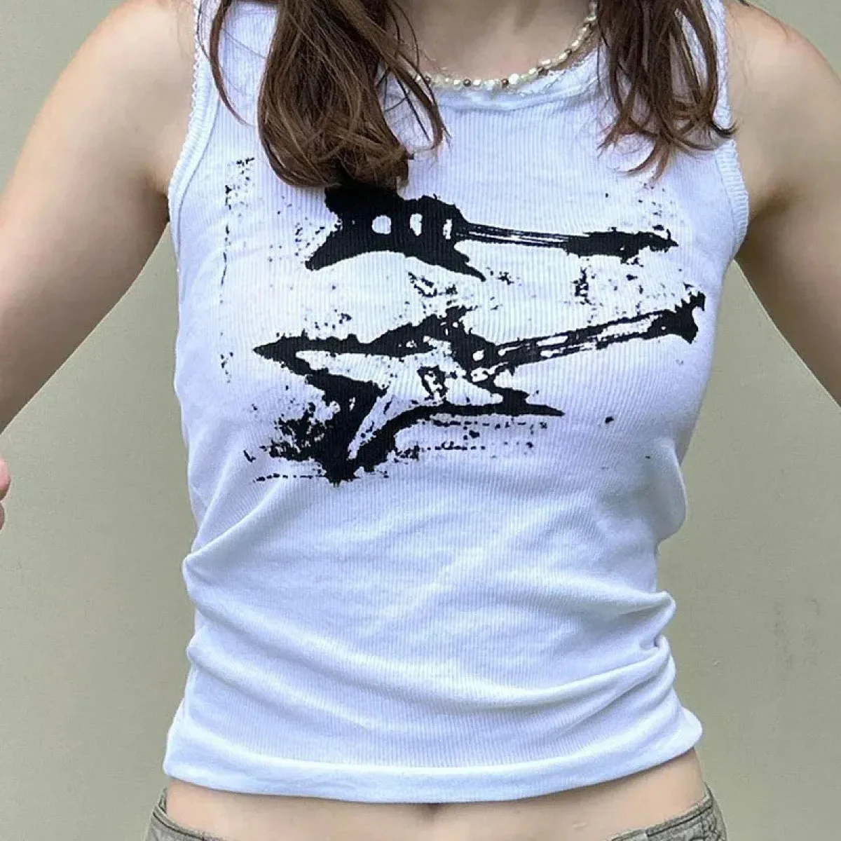 Guitar Print Tank Top - Ribbed Grunge Crop Top - Image 15