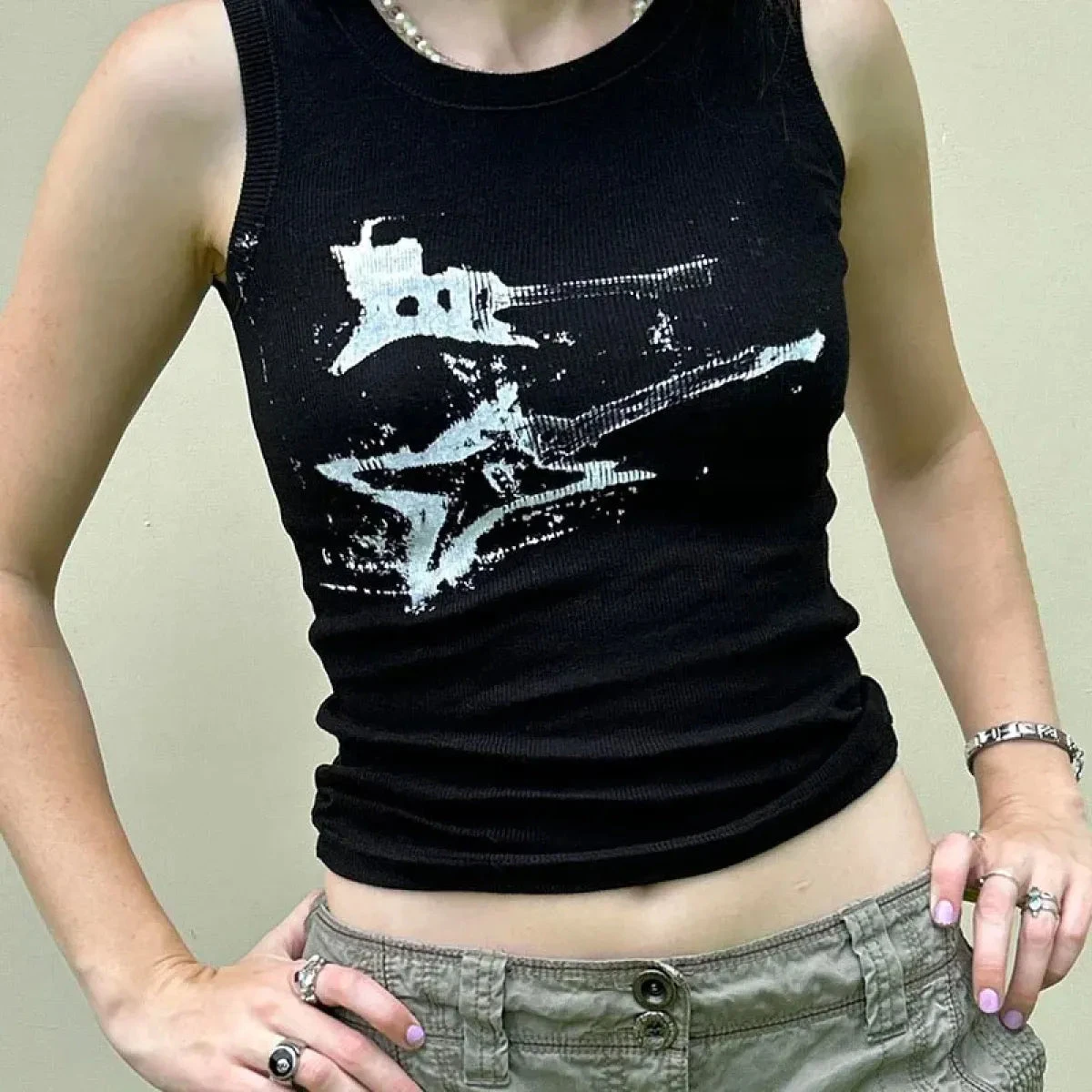 Guitar Print Tank Top - Ribbed Grunge Crop Top - Image 9