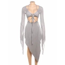 Gray Mesh Two-Piece Set – Halter Cutout Dress & Lace-Up Top