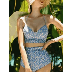 High Waist Bikini Set – Vintage Print Summer Swimwear