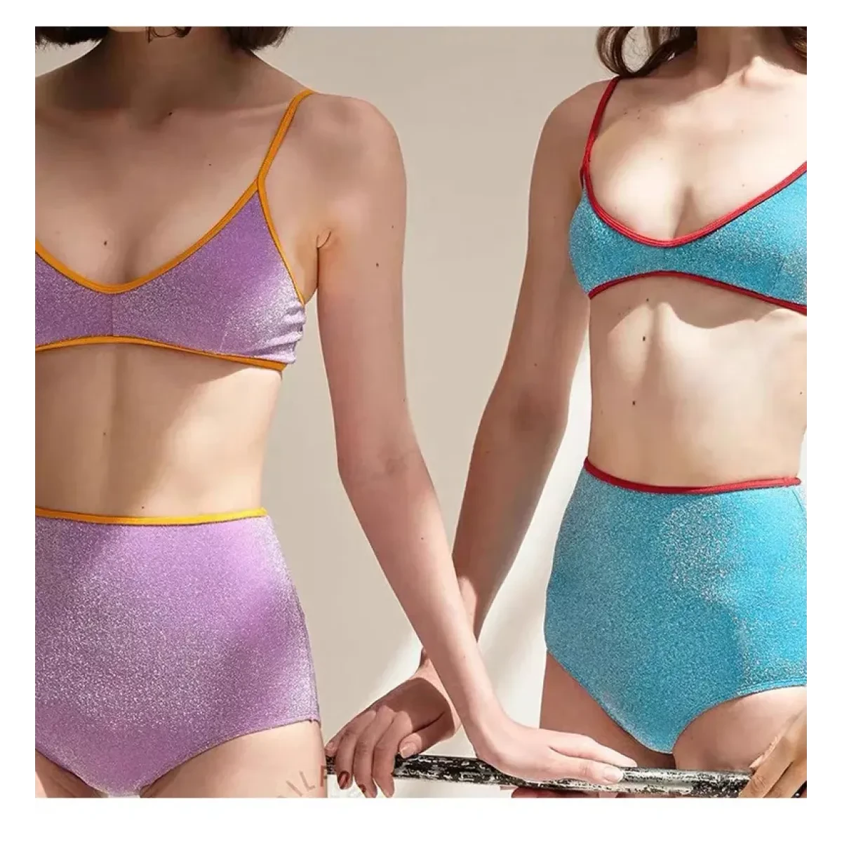 Glitter Bikini Set – High Waist Shiny Contrast Trim Beachwear - Image 12