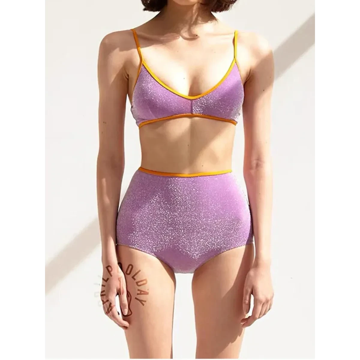 Glitter Bikini Set – High Waist Shiny Contrast Trim Beachwear - Image 3
