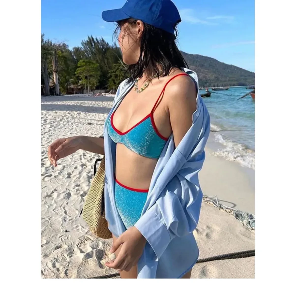 Glitter Bikini Set – High Waist Shiny Contrast Trim Beachwear - Image 8