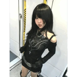 Japanese Knitted Grunge Tattoo Print Long Sleeve T-shirt