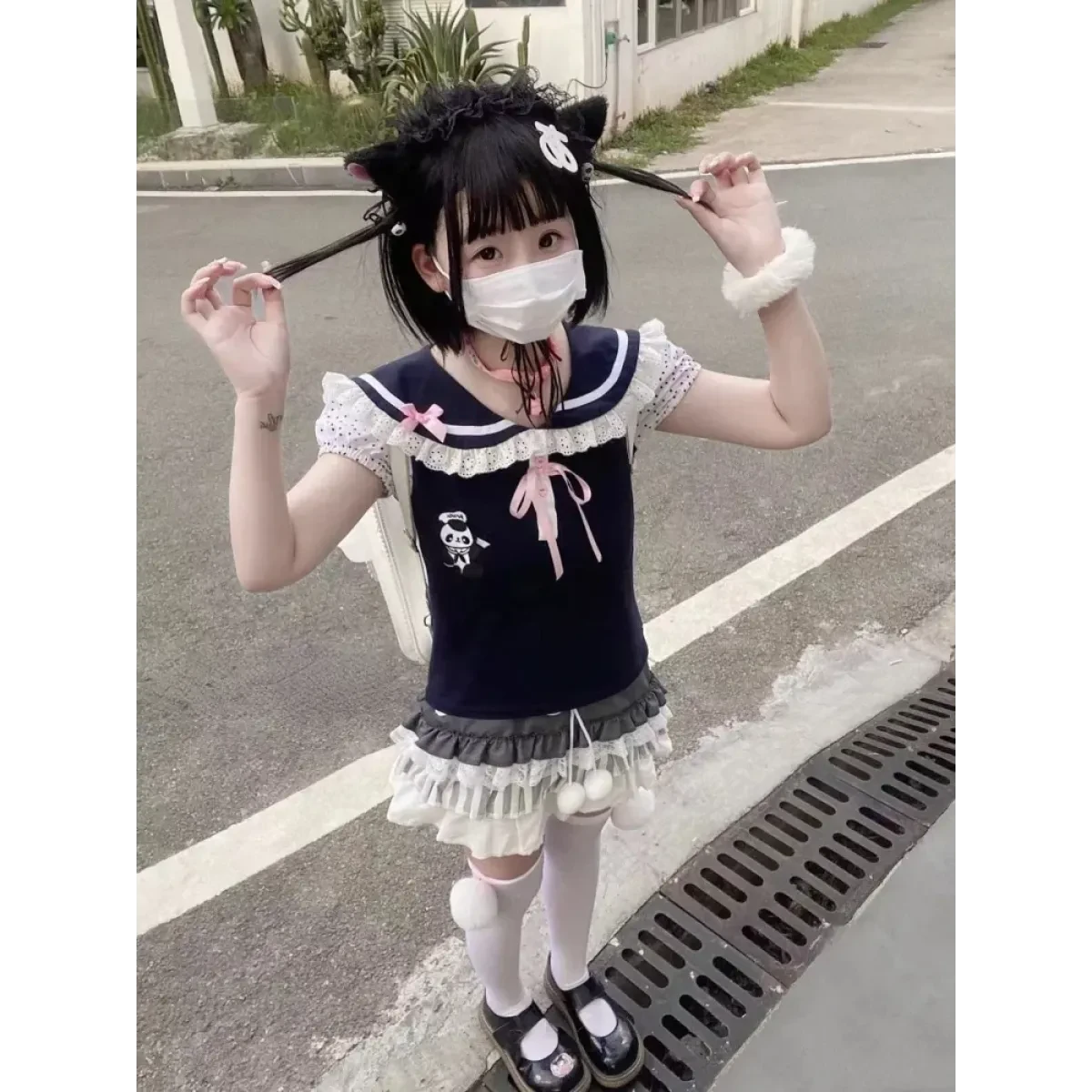 Y2K Lace T-shirt - Kawaii Cartoon Embroidery Graphic Tee - Image 3